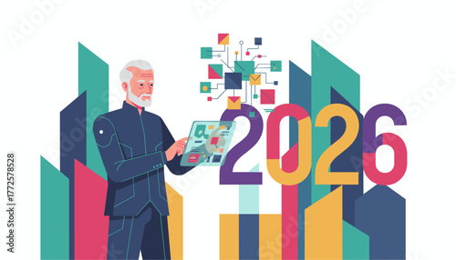 Senior executive manages data on futuristic tablet forecasting 2026 goals amidst a modern abstract city