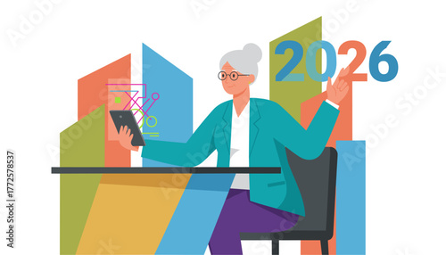 Senior executive setting 2026 goals analyzing digital data for future business strategy