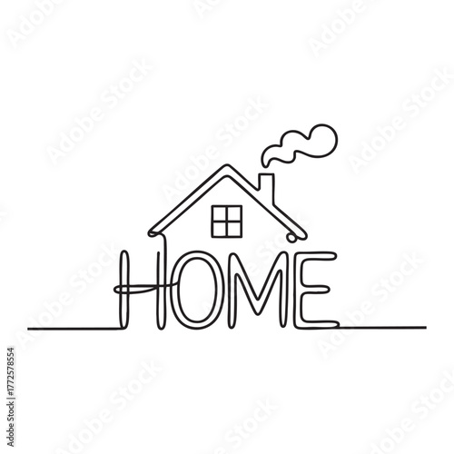 Single line drawing of a house with smoke and the word H O M E home dwelling