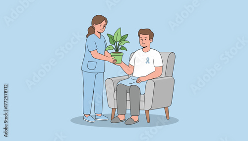 Nurse gives potted plant to patient sitting in chair Healthcare recovery and support