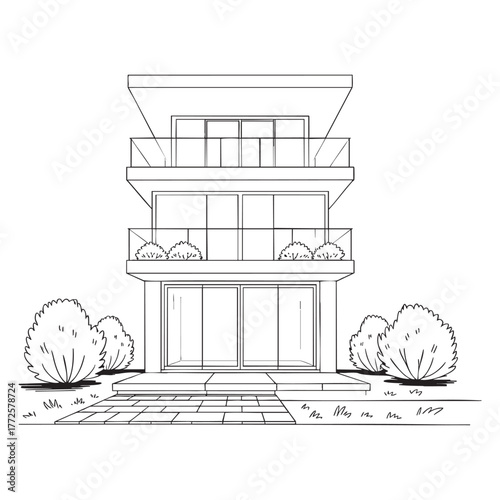 Sketch of a modern multi story house with glass balconies and bushes drawing outline