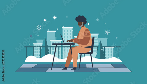 Remote worker using laptop on a snowy balcony overlooking the city skyline in winter Illustration