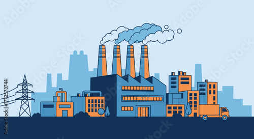 Flat illustration of industrial city factory smokestacks power tower truck and urban buildings