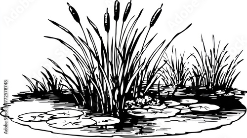 Black and white illustration of aquatic plants and lily pads in a pond