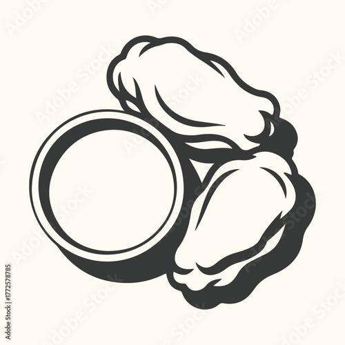 Stylized illustration of three chicken wings with a dipping sauce bowl, isolated on a light background