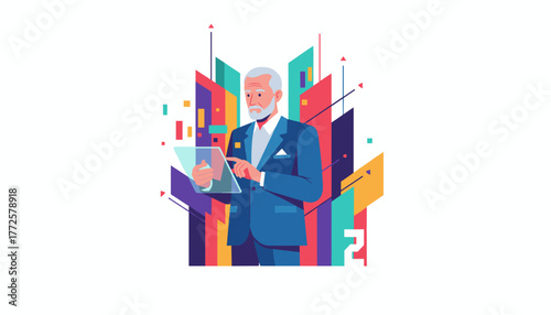 Senior executive uses transparent digital tablet for business strategy and technological innovation