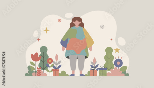 Graphic vector art of a woman standing in a festive floral landscape