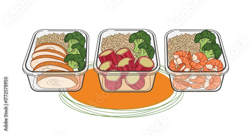 Healthy meal prep containers featuring sliced chicken breast, sweet potatoes, shrimp, broccoli, and grains for convenient, nutritious dining