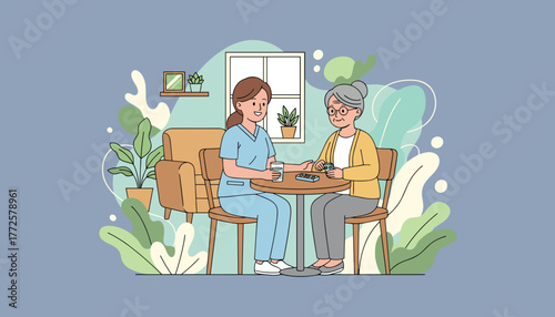 Caregiver assists smiling elderly woman with medication in a comfortable indoor setting