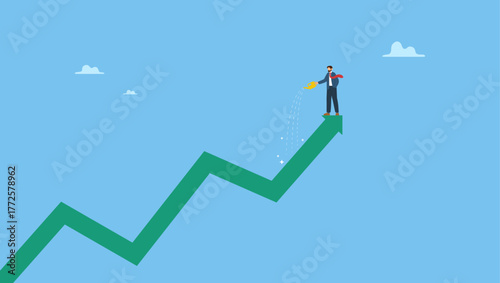 Businessman pouring water with care to grow company growth arrow. Grow business increase profit, growth investment or prosperity, wealth growing or accumulate, asset price rising up.
