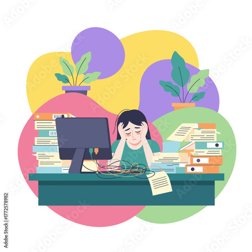 Illustration of a woman suffering job burnout overwhelmed by excessive paperwork and office stress