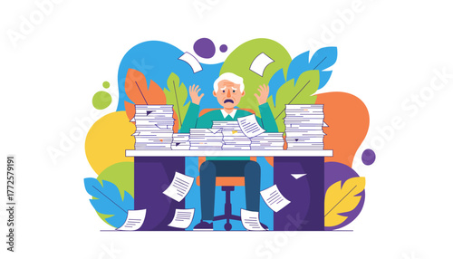 Stressed older man overwhelmed by huge piles of paperwork and bureaucratic office workload