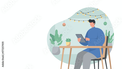 Digital lifestyle Man works remotely on a tablet in a decorated illuminated indoor setting