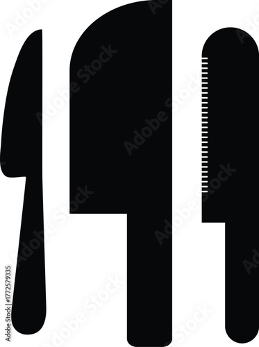 Three black silhouette kitchen knives arranged on a white background