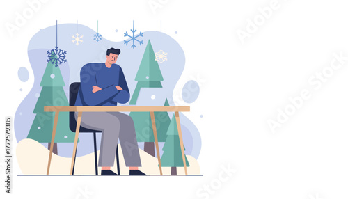 Illustration of a depressed man at a desk struggling with winter blues and holiday stress