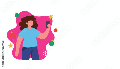 Woman taking a selfie with a smartphone surrounded by festive Christmas decorations Holiday social media concept