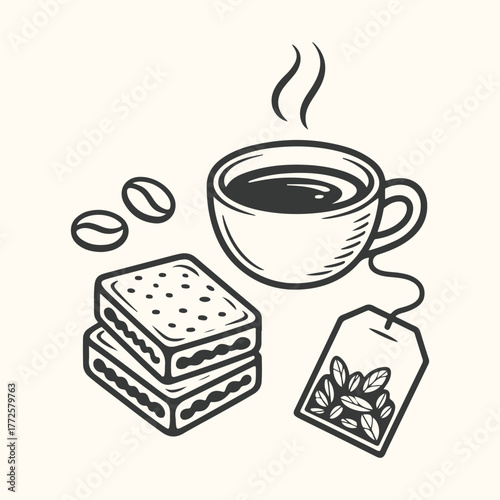 A simple line art illustration of a cup of coffee, two biscuits, and a tea bag, representing a break or refreshment