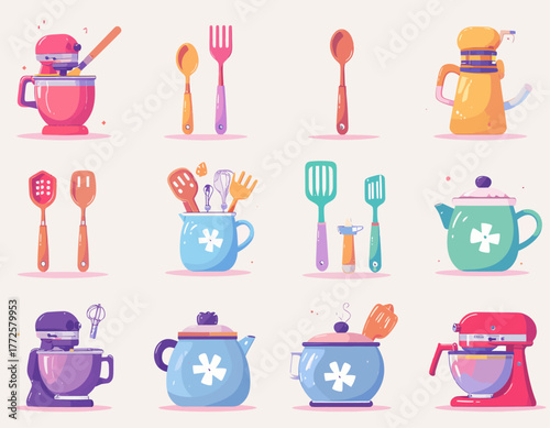 Collection of various kitchen utensils and appliances for cooking and baking.