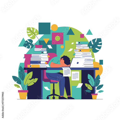 Exhausted employee sleeps on desk overwhelmed by paperwork and corporate bureaucracy Vector