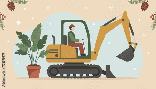 Operator in an excavator next to a potted plant festive construction job flat illustration