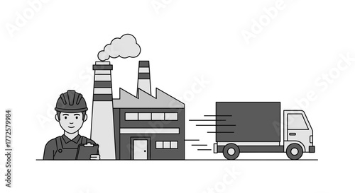 Industrial worker factory and speeding delivery truck illustrating logistics and manufacturing
