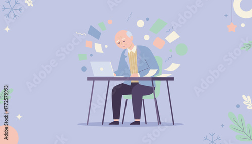 Senior man stressed by workload at his desk Business burnout and confusion concept illustration