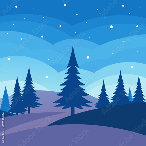 Serene winter landscape vector illustration snowy meadows pine trees starry night sky