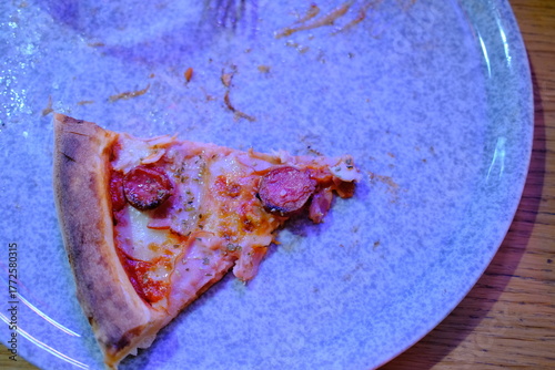 Pizza slice remains on a blue plate after the meal is over.