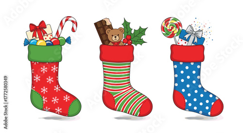 Three festive Christmas stockings bursting with holiday treats and gifts, perfect for seasonal celebrations and winter promotions
