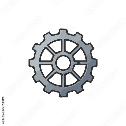 Illustration of a single, stylized, grey gear with visible teeth and internal spokes, isolated on a white background.