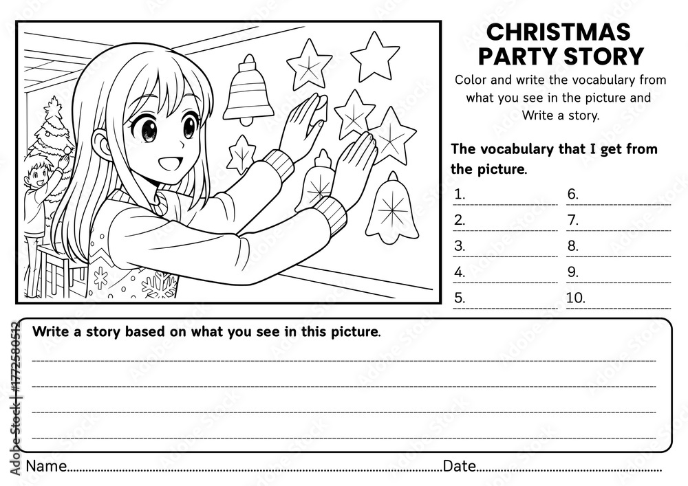 Obraz premium Christmas Party at School writing prompt worksheet for kids! Fun and engaging ELA worksheets with creative writing topics and vocabulary practice. Perfect for classroom writing activities grades 1–3.