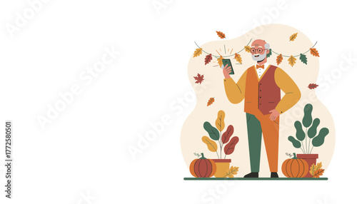 Happy senior man using phone surrounded by fall decor celebrating autumn and holidays