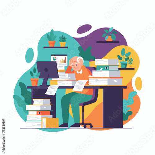 Man overwhelmed by work overload and stress sitting at a desk covered in papers