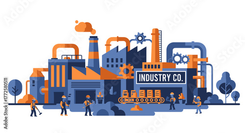 Modern vector factory illustration with workers conveyor belt pipes and gears Manufacturing concept