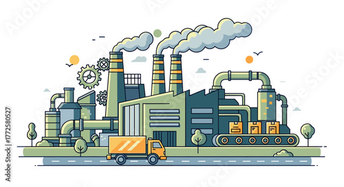 Industrial manufacturing plant illustration showing smokestacks logistics production and shipping via truck