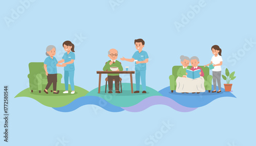 Elderly people receiving compassionate professional care for daily activities and wellbeing