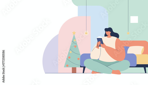 Woman using phone in a cozy bedroom with a Christmas tree Holiday lifestyle illustration