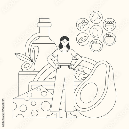 A person stands confidently amidst a collection of healthy keto diet foods, including avocado, cheese, and olive oil