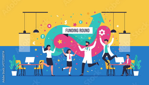 Startup team and doctors celebrate successful Funding Round investment and achieving financial growth goals