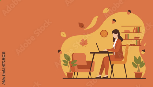 Businesswoman working on a laptop in a cozy autumnal home office Remote work and fall productivity