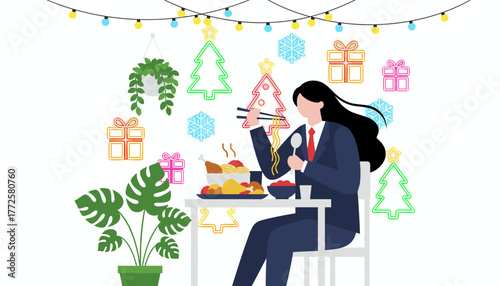 Business woman enjoying a corporate holiday dinner eating with chopsticks under festive neon decorations