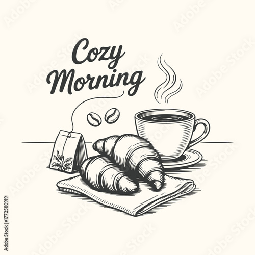 Cozy morning with coffee, croissants, and tea bag illustration