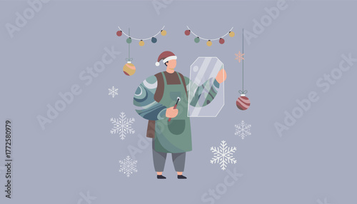 Illustrator in Santa hat decorating a shop window for Christmas sales and holiday season preparations