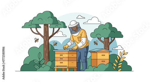 Dedicated beekeeper tending to hives amidst lush greenery and buzzing bees, showcasing apiary work and natural farming