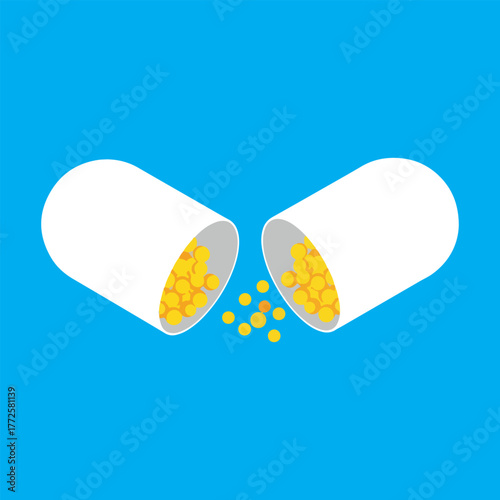Illustration of a white capsule opened, spilling yellow medication pills on blue background.