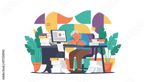 Overworked senior employee facing burnout at a chaotic desk filled with excessive documents