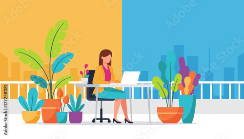 Remote working woman on urban terrace with laptop and colorful plants Business lifestyle