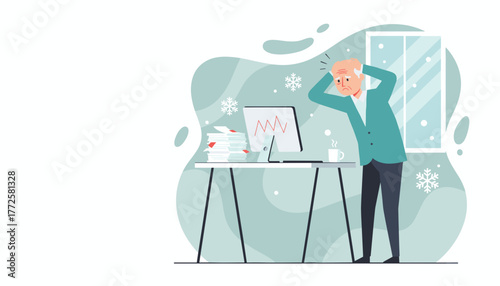 Stressed senior man overwhelmed by workload and financial pressure during winter business season