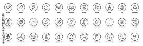 Set of linear icons free from allergens and other additives. Healthy organic food. Natural product. Vector