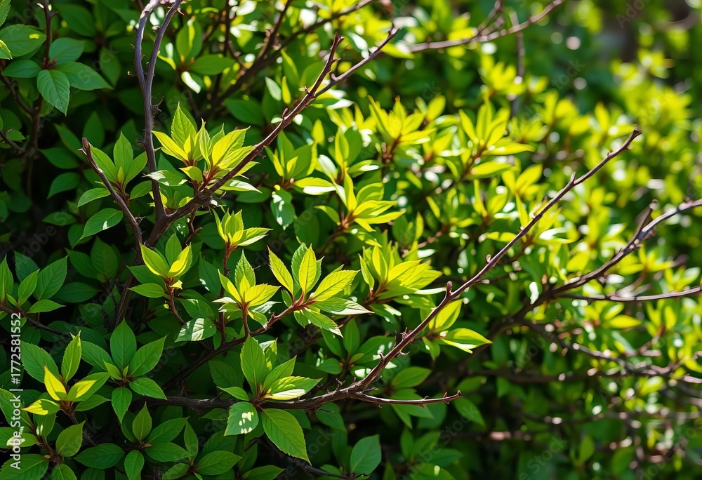 Obraz premium Dense, thorny bush with vibrant green leaves, sunlight dappling through, thorns, summer